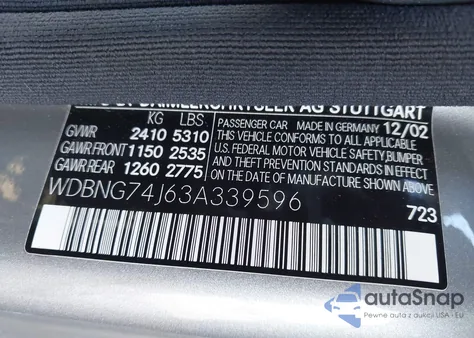 2003 Mercedes-Benz S 55 Amg из США, поврежденный, VIN WDBNG74J63A339596